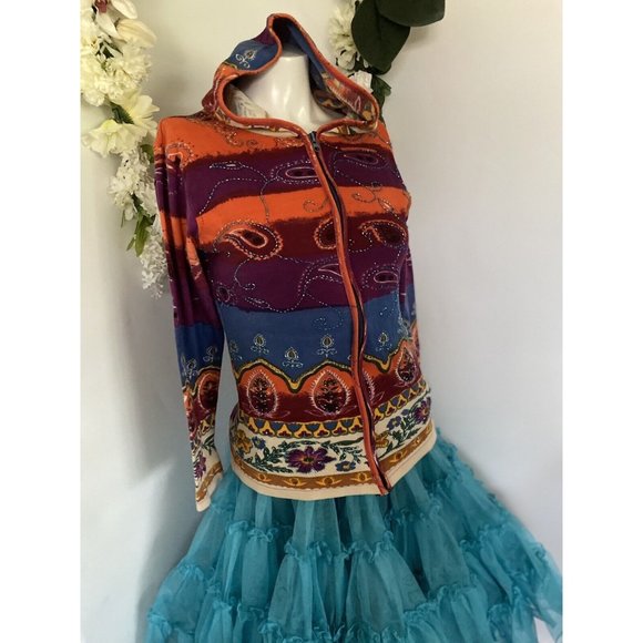 Vintage Beaded Lady Hooded Soft Shell Jacket Front Zipper Cotton 24 Karat Brand - Picture 1 of 15